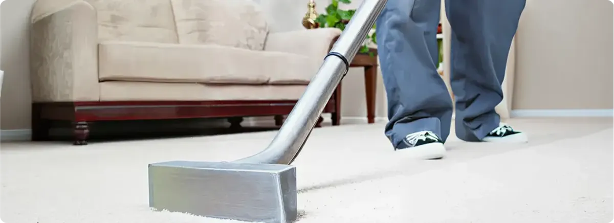 Carpet cleaning technician using a hot-water extraction wand on a light-colored carpet in a living room, Arvada, CO.