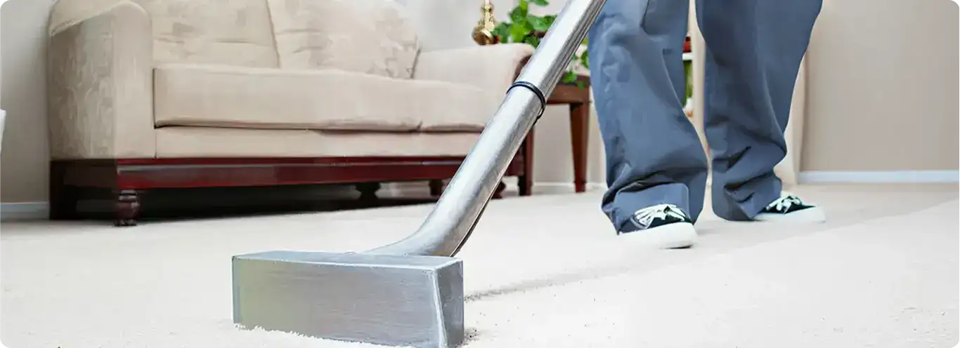 Carpet cleaning technician using a hot-water extraction wand on a light-colored carpet in a living room, Arvada, CO.